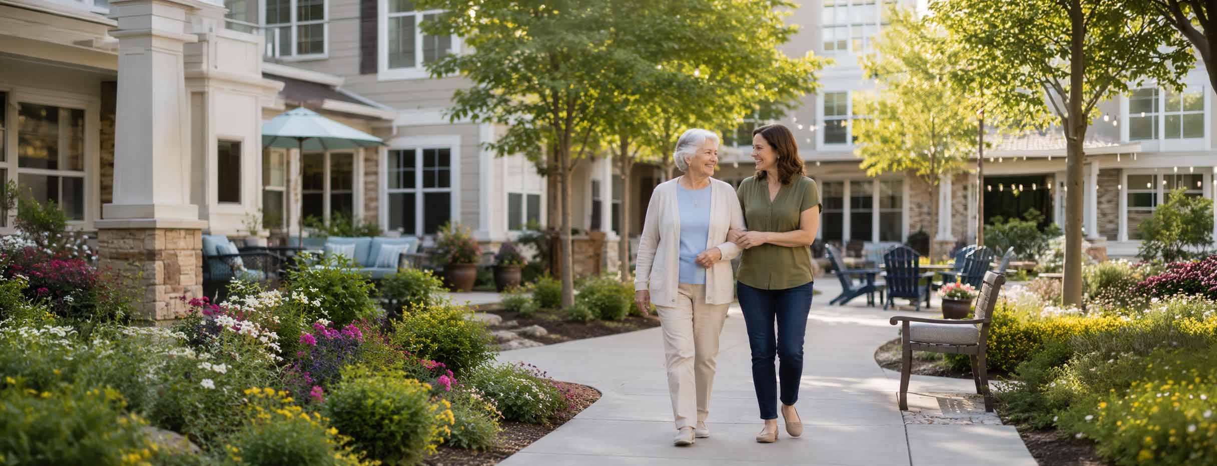 mother and daughter walking through an assisted living courtyard