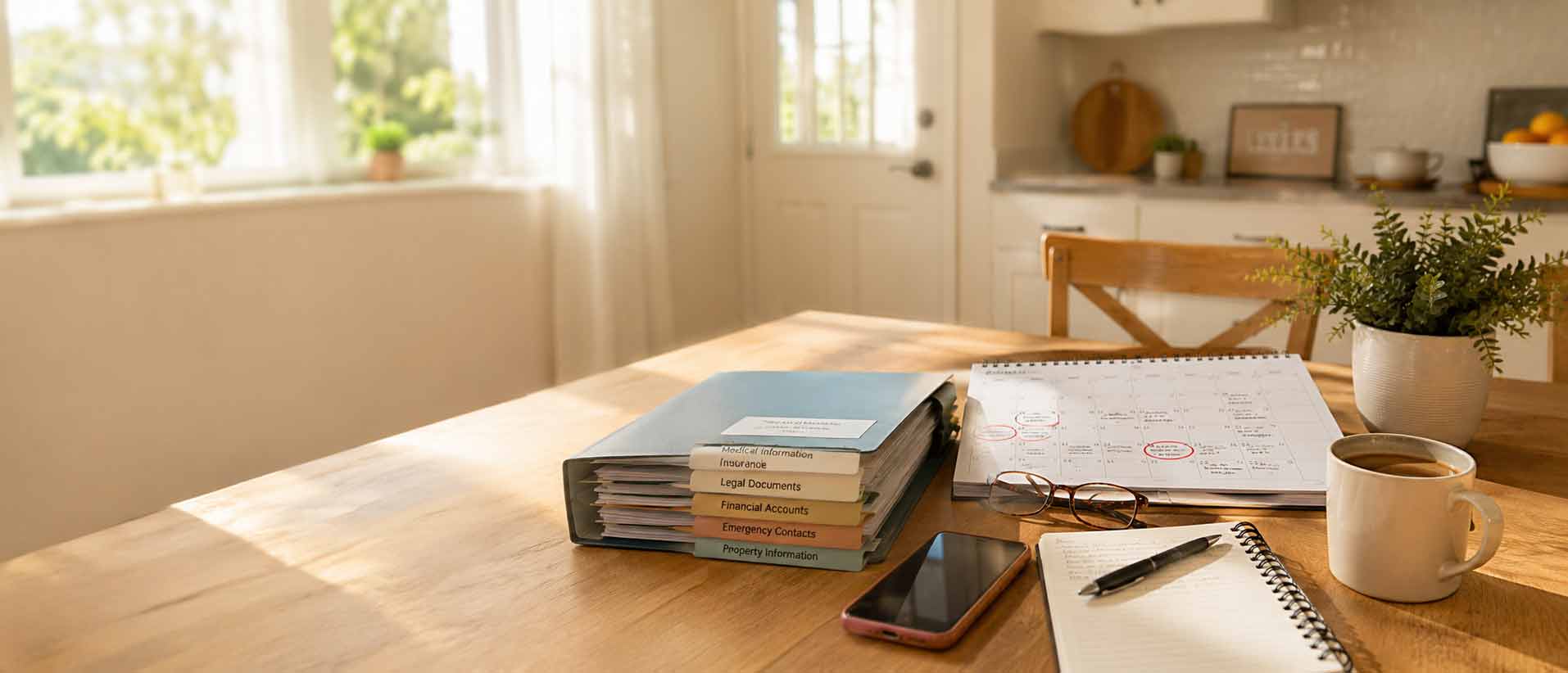 a binder and glasses on a dining table.