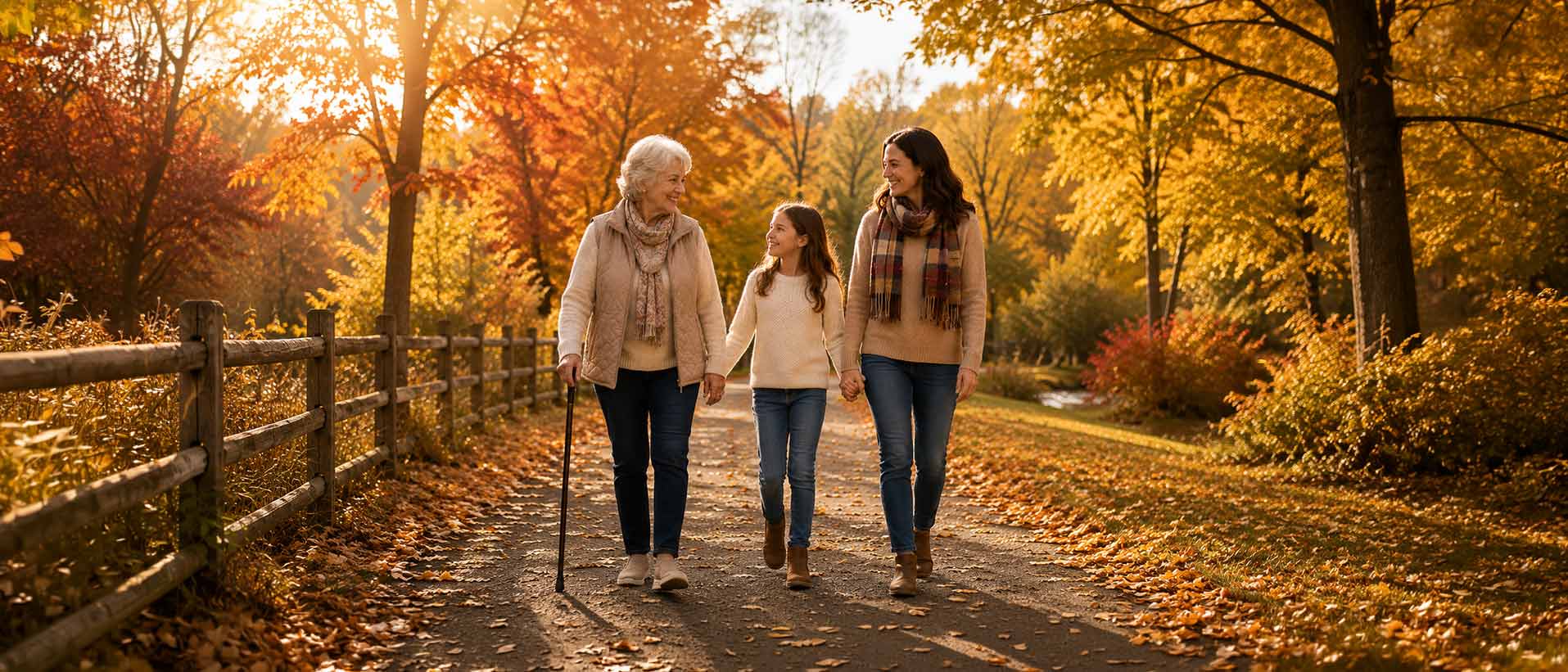Grandmother, daughter and granddaughter walking down a path in the autumn season