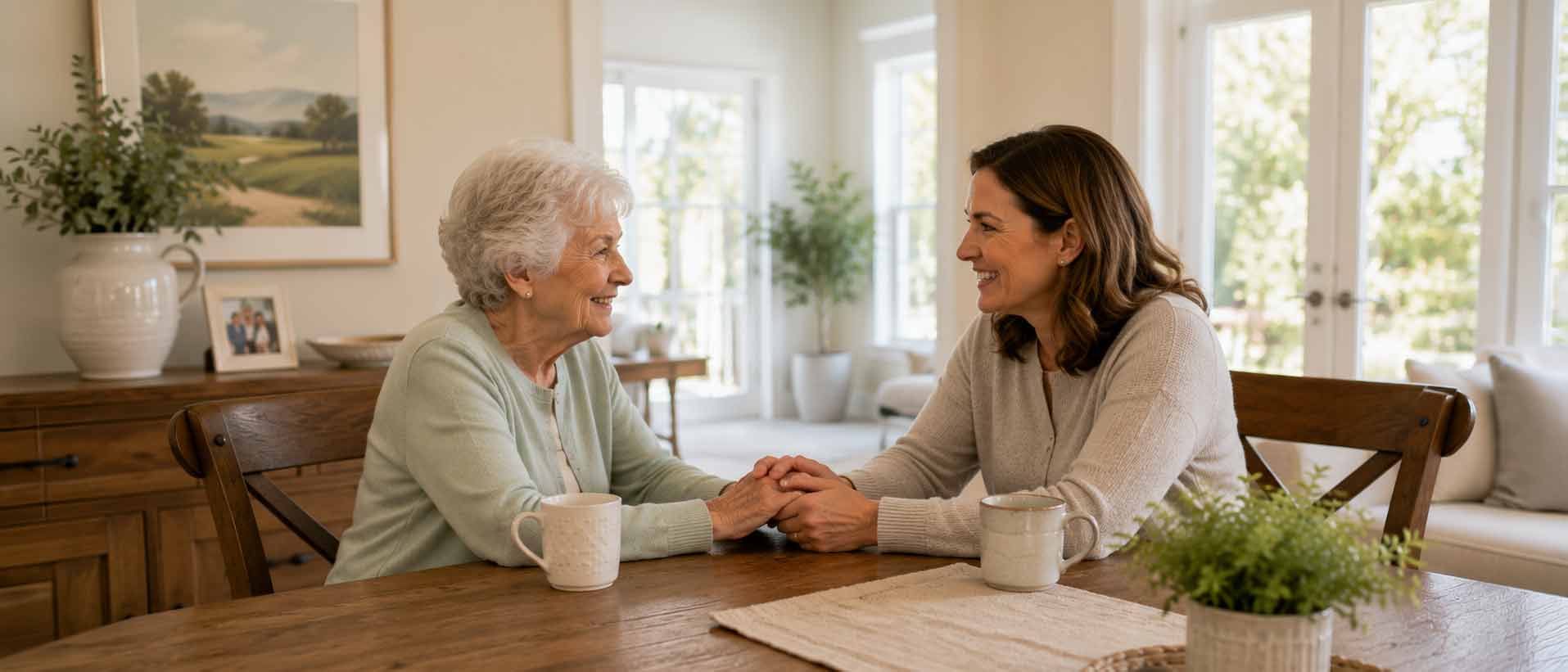 mother and adult daughter holding hands over a dinner table