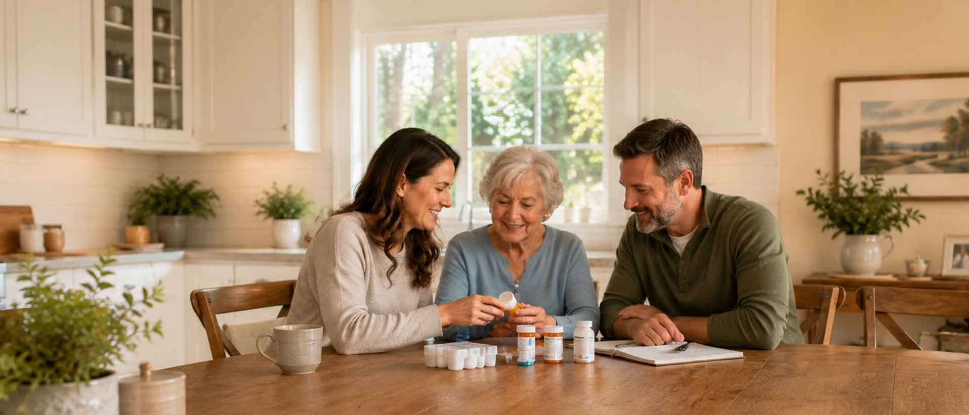 adult children helping mother look through medications