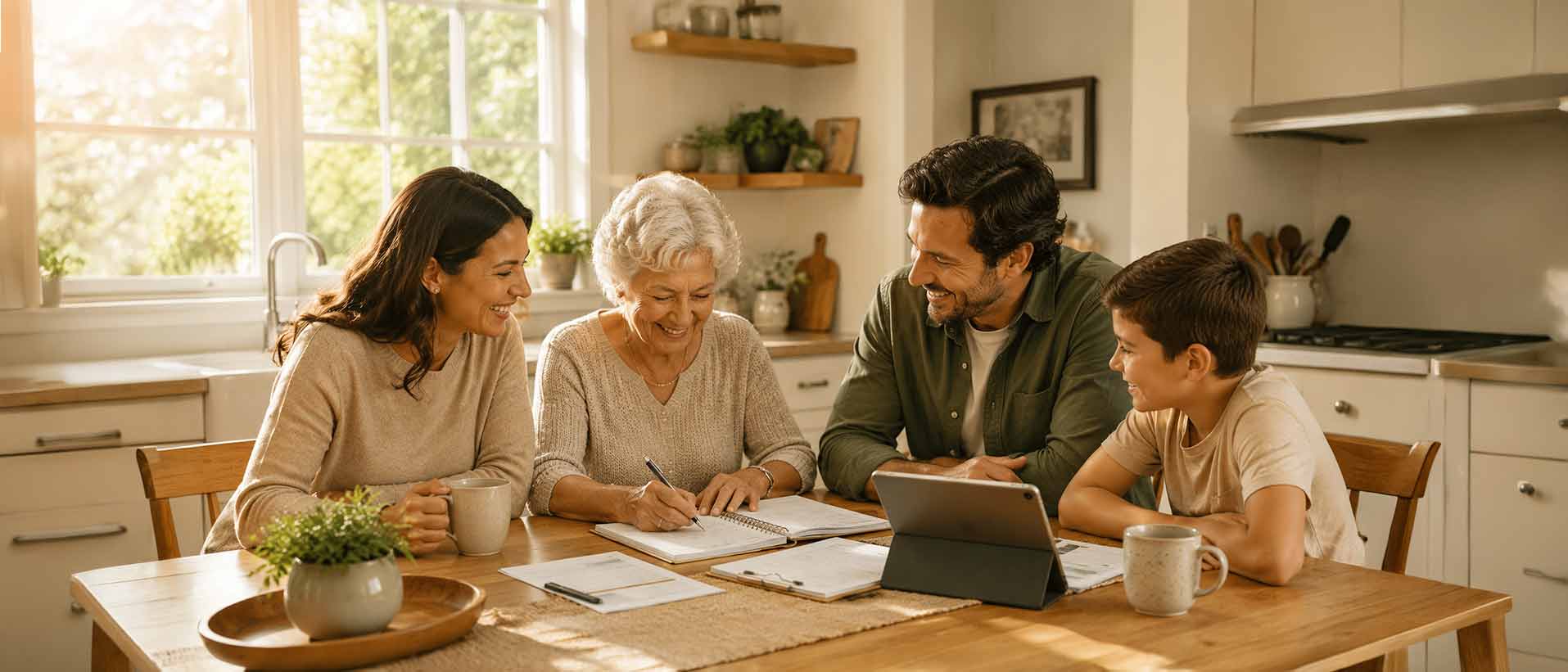 Family helping an older mother organize important documents around a kitchen table.