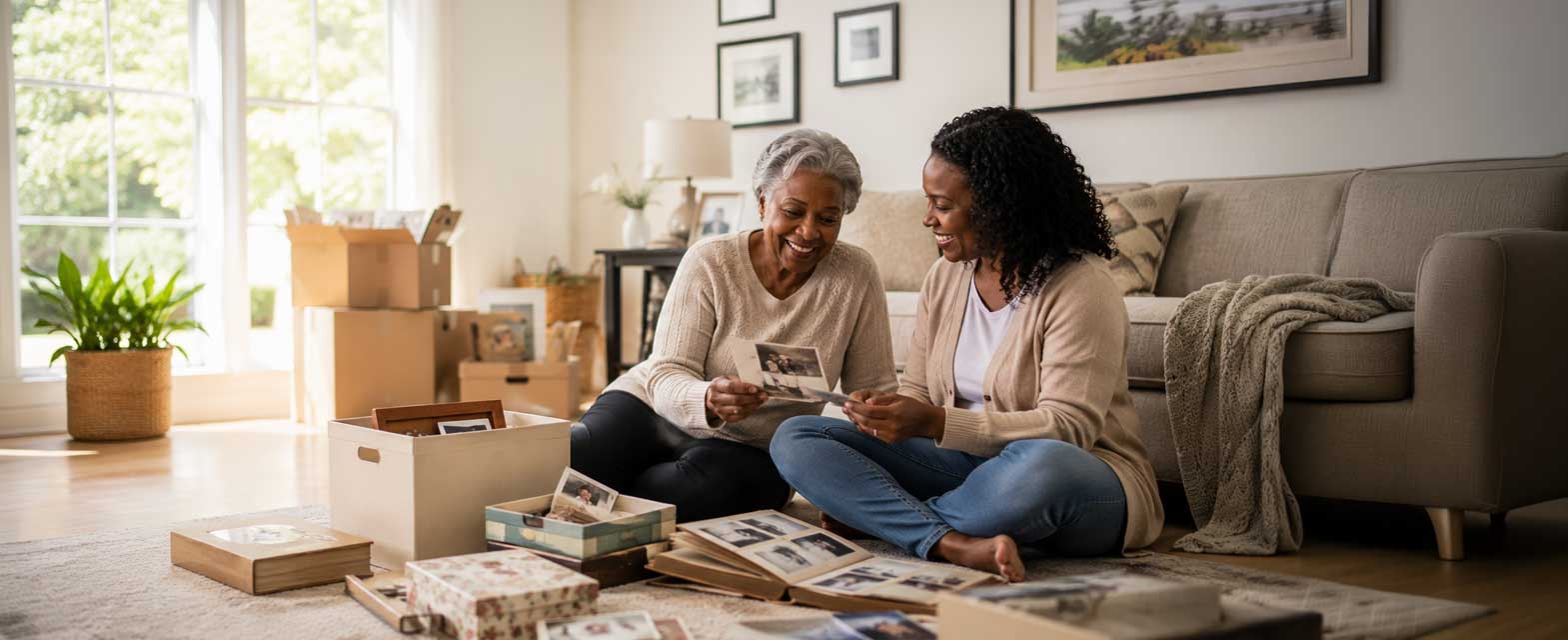 mother and adult daughter looking at photos with some boxes around them.