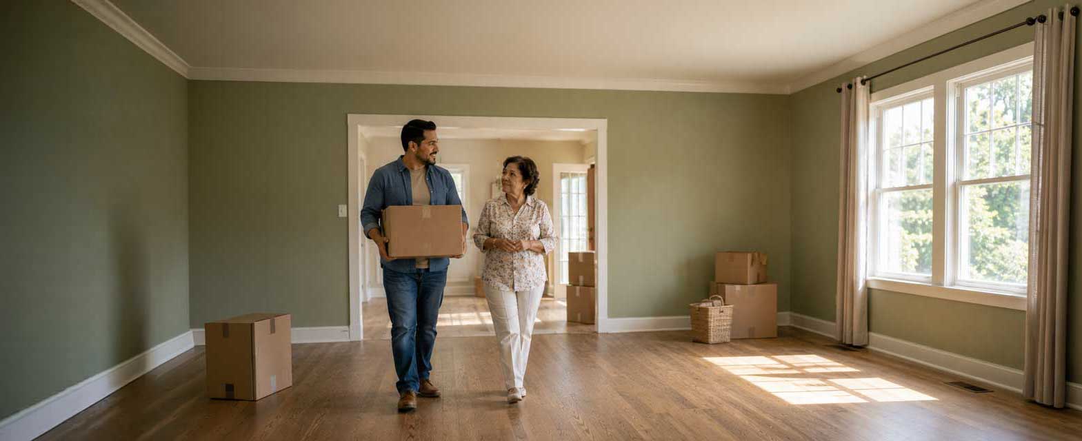a mother and her adult son moving. he is carrying a box