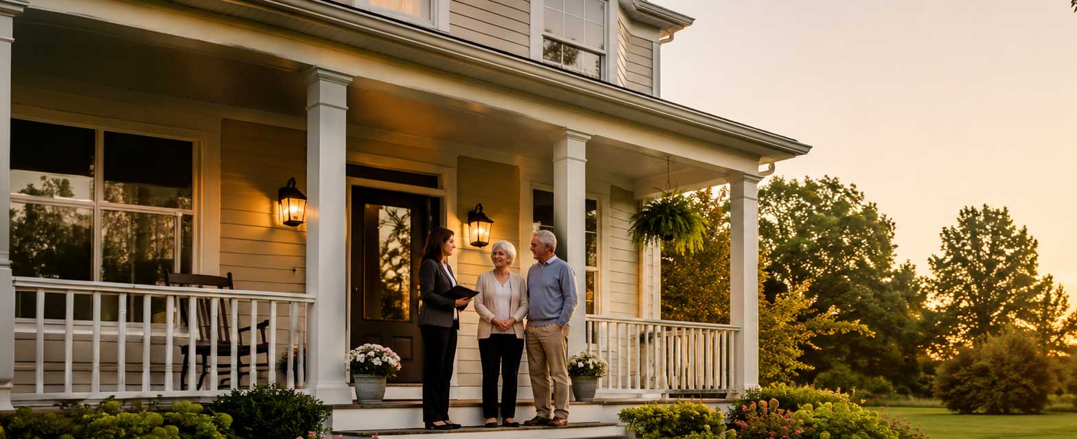 a senior couple talking with a realtor